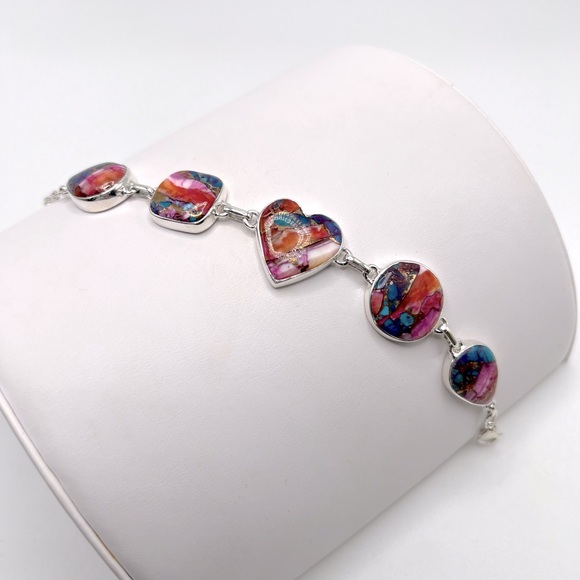 Pink Oyster Turquoise .925 Sterling Silver Bracelet - Picture 8 of 17